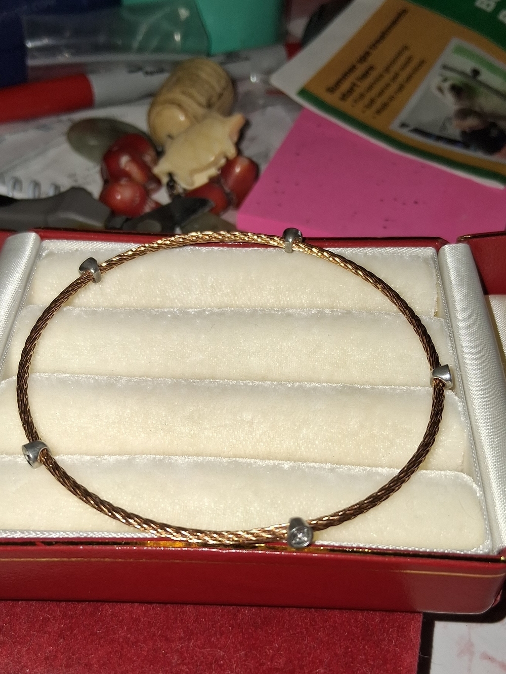 Delicate Two-Tone Cable Wire Bangle in Brown and Gold Diamonds